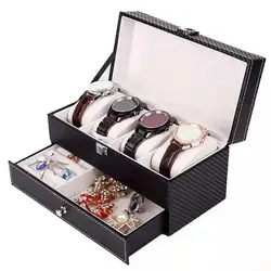 Faux Leather Watch Storage Box Jewelry Container Large Capacity Double Layer Wood Carbon Fiber Watch Holder Organizer