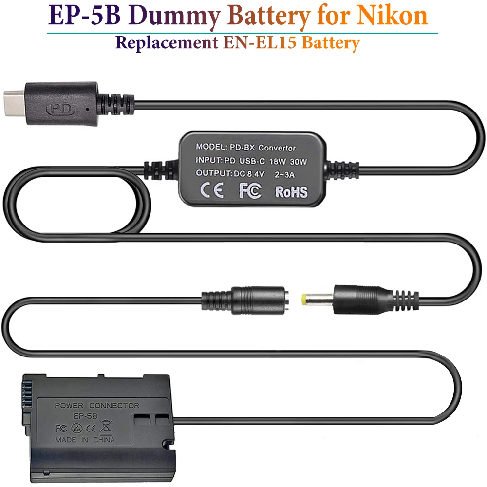 PD USB-C Convertor Cable to EP-5B DC Coupler EN-EL15 Dummy Battery for Nikon Z5 Z6 Z7 Z6II Z7II D500~D850 D7000~D7500 Cameras