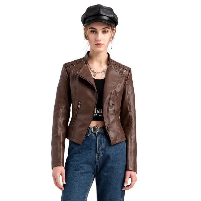 Manteau de veste en cuir pour femmes 2023 Automne s-4XL Moto Vêtements en cuir Femmes Short Fit Veste et manteau pour femmes