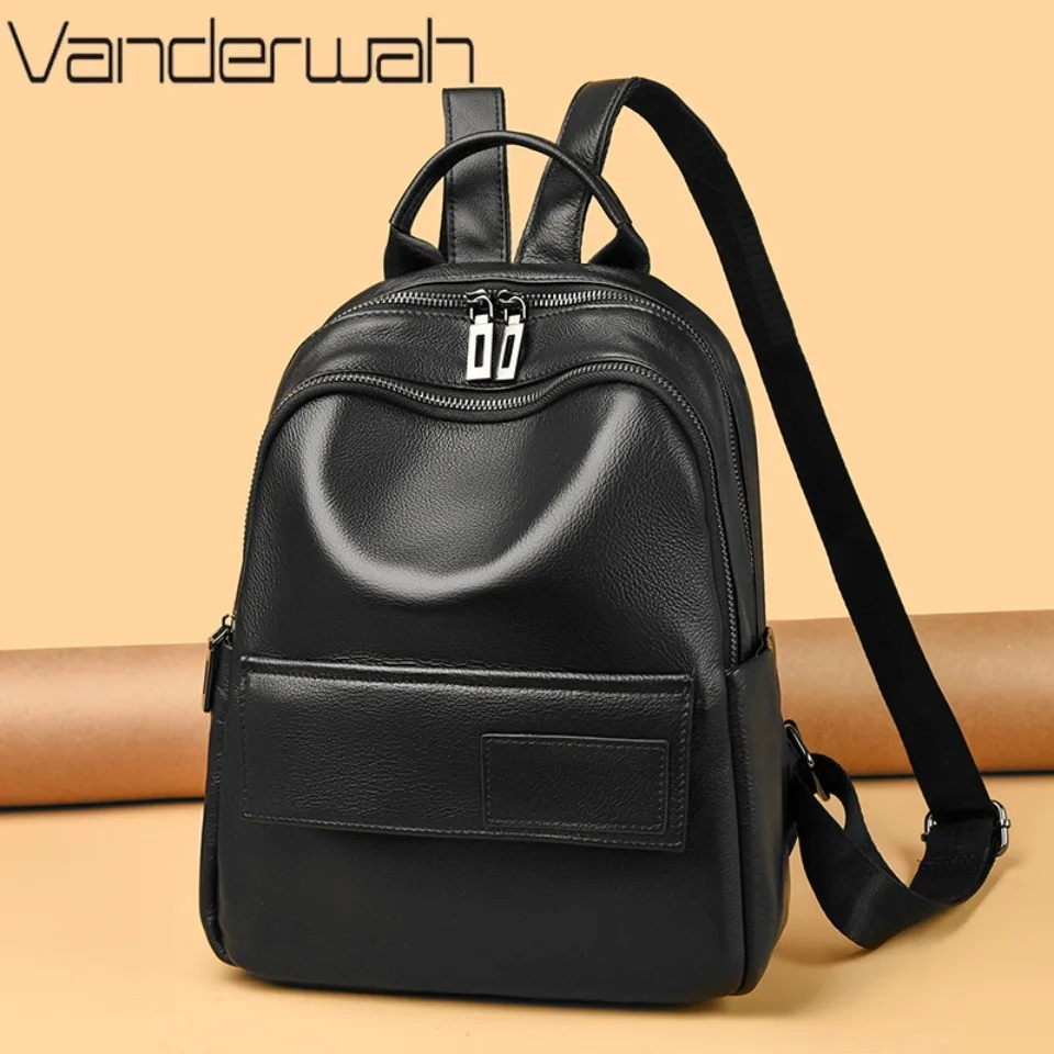 Casual Genuine Leather Women Backpack Functional Multi Pockets Shoulder Bag Versatile Fashion Cowhide Daily School Back Pack Sac