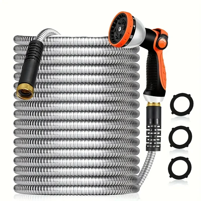 

50/100FT Stainless Steel Garden Hose Durable No-Kink Flexible Hose For Car Washing Outdoor Watering With10 Patterns Spray Nozzle