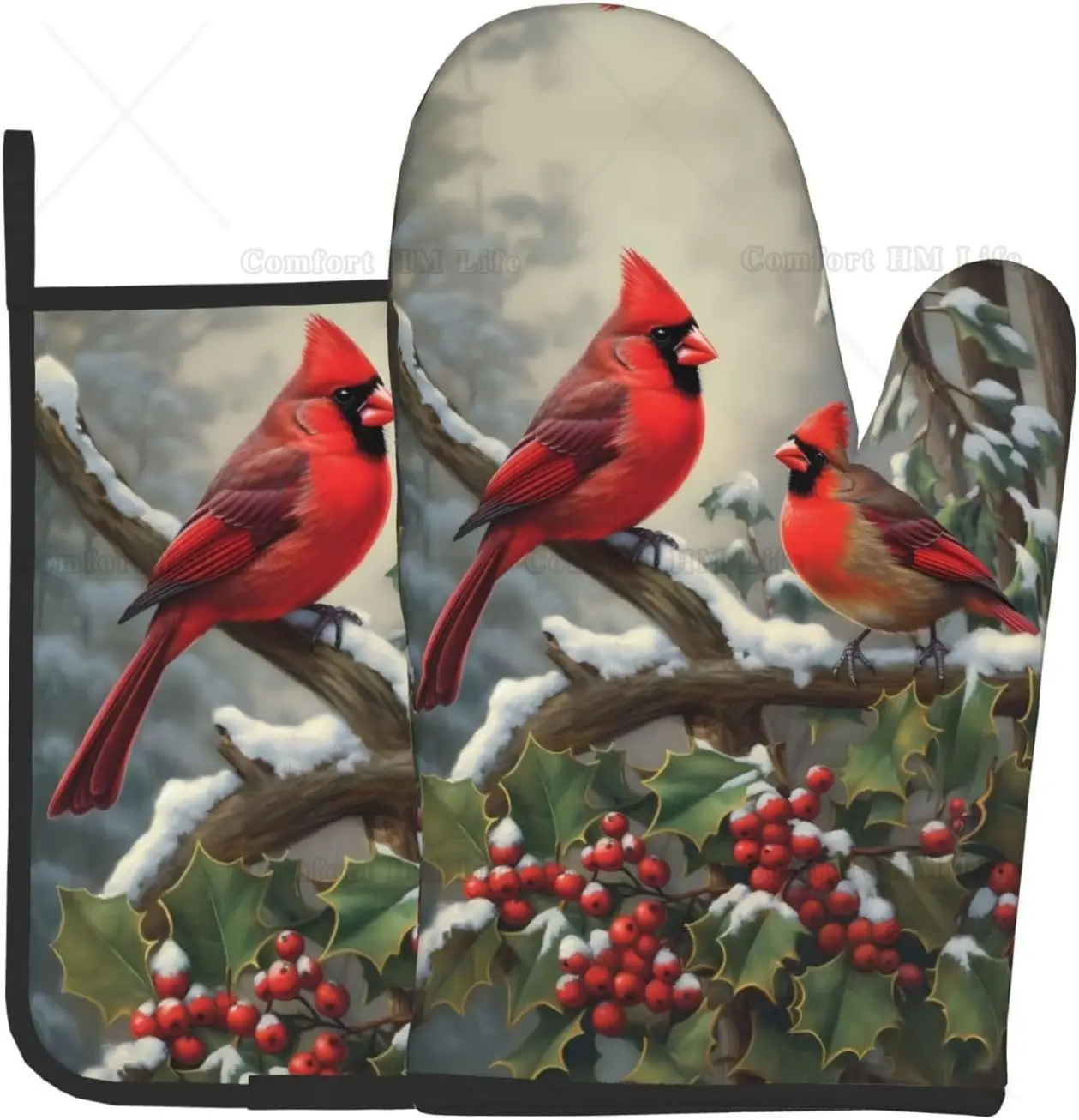 Oven Mitt and Pot Holders 2 Piece Set Red Birds Holly Berry Snowflake Non-Slip Microwave Gloves for Kitchen Cooking Baking BBQ