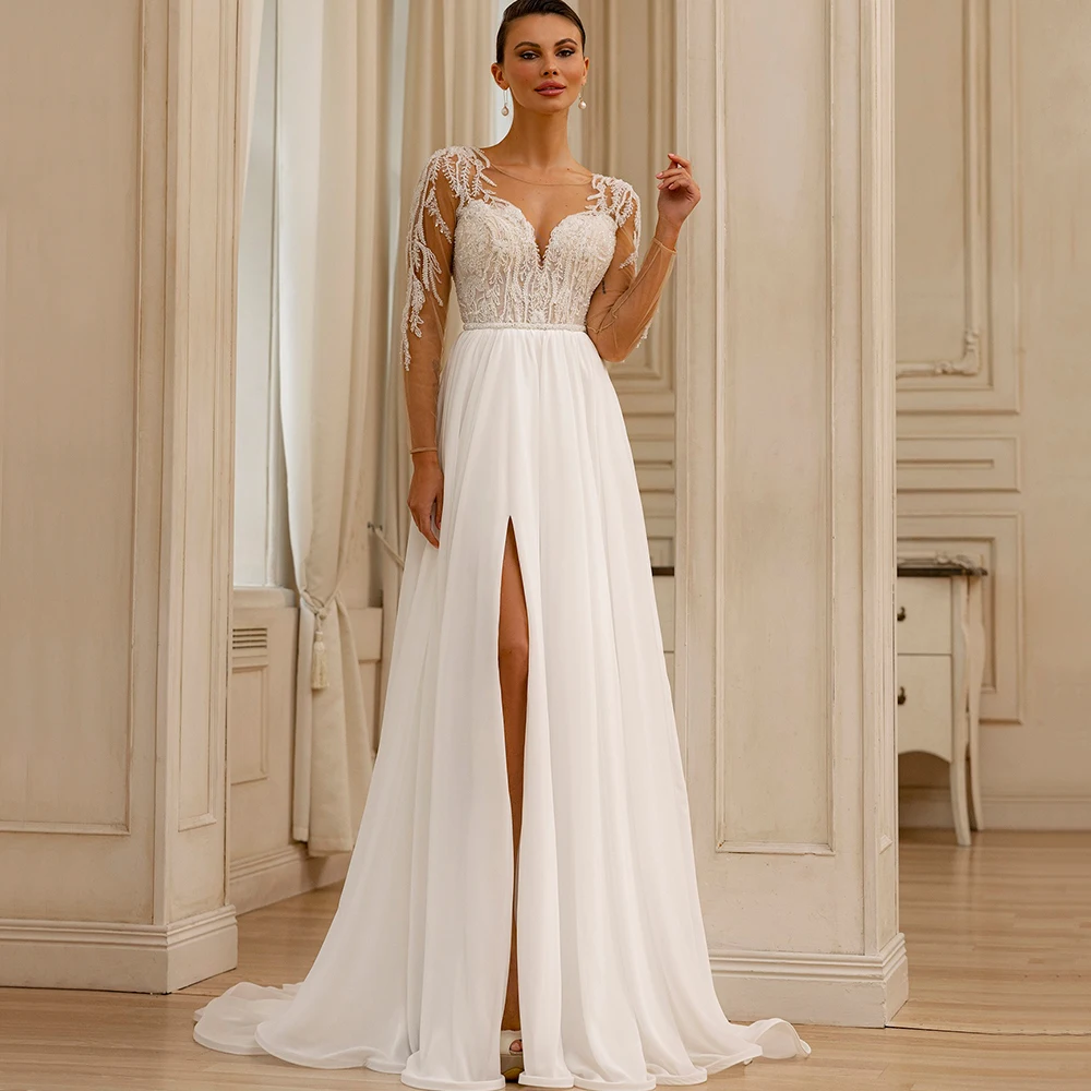 

Modern Tulle and Chiffon Wedding Dress Illusion Applique Long Sleeves Scoop Neck Bride A-Line Side Slit Floor Length Gowns