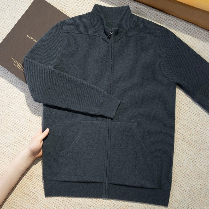 Men's 100% Cashmere Sweater Zipper Cardigan Mock Neck Long Sleeve Casual Style Cashmere Knitwear Autumn Winter Soft Pockets Tops