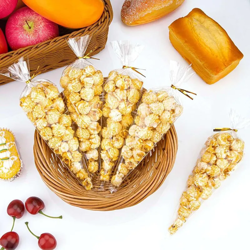 50 Stück klare Kegel-Süßigkeits-Aufbewahrungsbeutel, kegelförmige transparente Plastiktüten, Popcorn-Süßigkeitstüten für Babyparty, Hochzeit, Party,