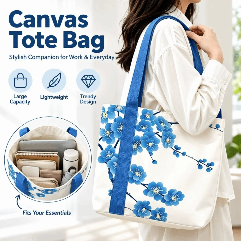 Durable Blue Plum Blossom Print Canvas Bag Large Capacity Reusable Tote Bag Versatile Lightweight Lunch Bag Daily Commuting
