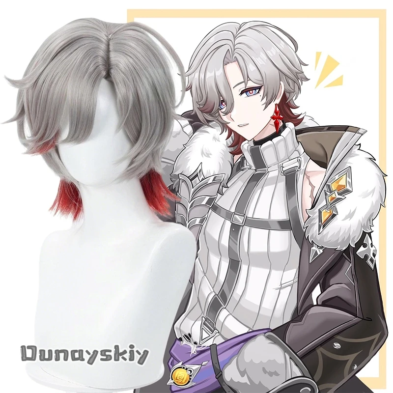 

Костюмы для косплея Illuga GENSHIN IMPACT: парик Yumekiri@Wig 35 см, серебристо-серый с красными вставками + аксессуары для ушей с камнем рубин, Хэллоуин