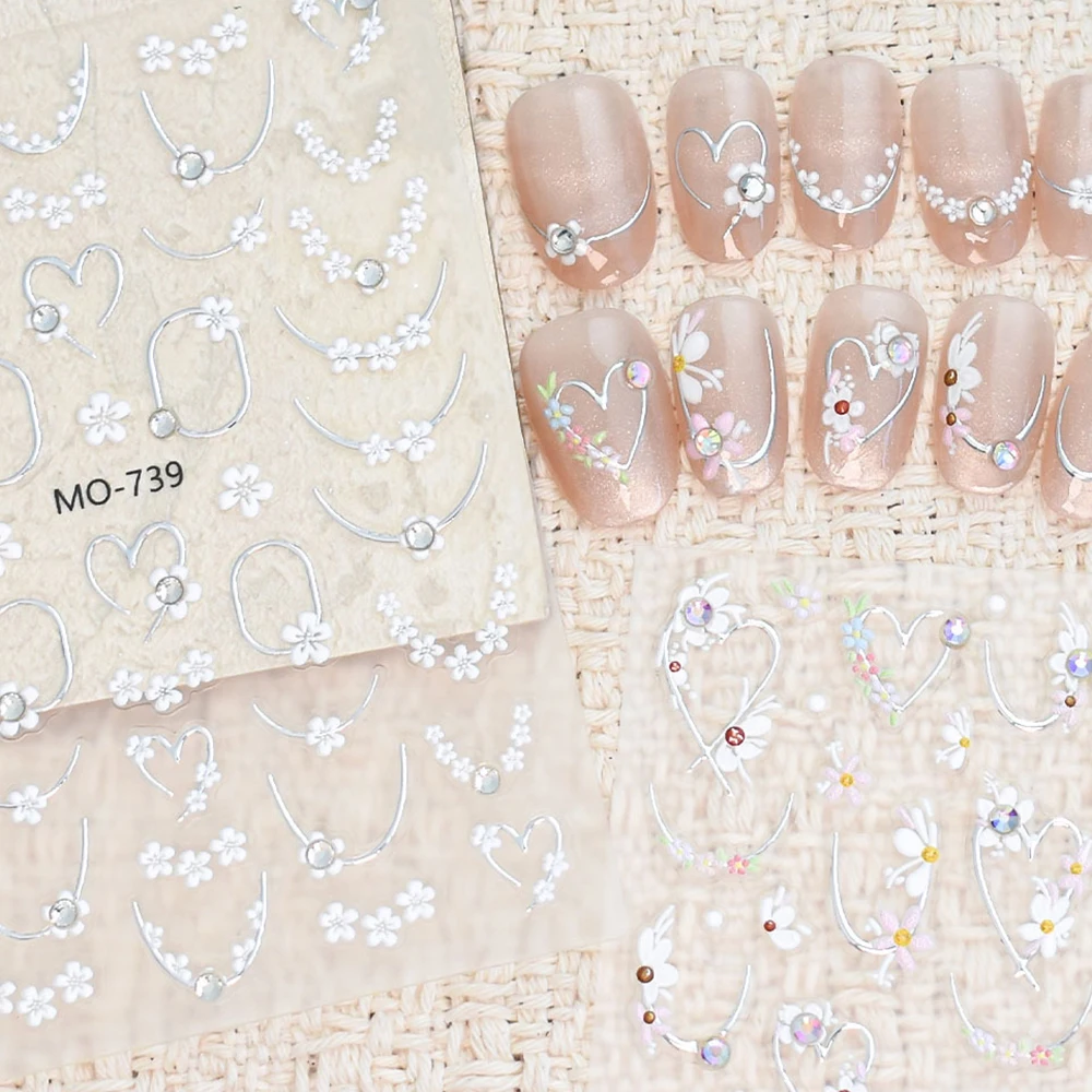 4 Stück Diamant-Blumen-Nagelaufkleber 3D Frühling Sommer Nageldekoration Gold Silber Linie Herzförmige Edelsteine Französische Nageldesigns Hochzeit – Detail 5