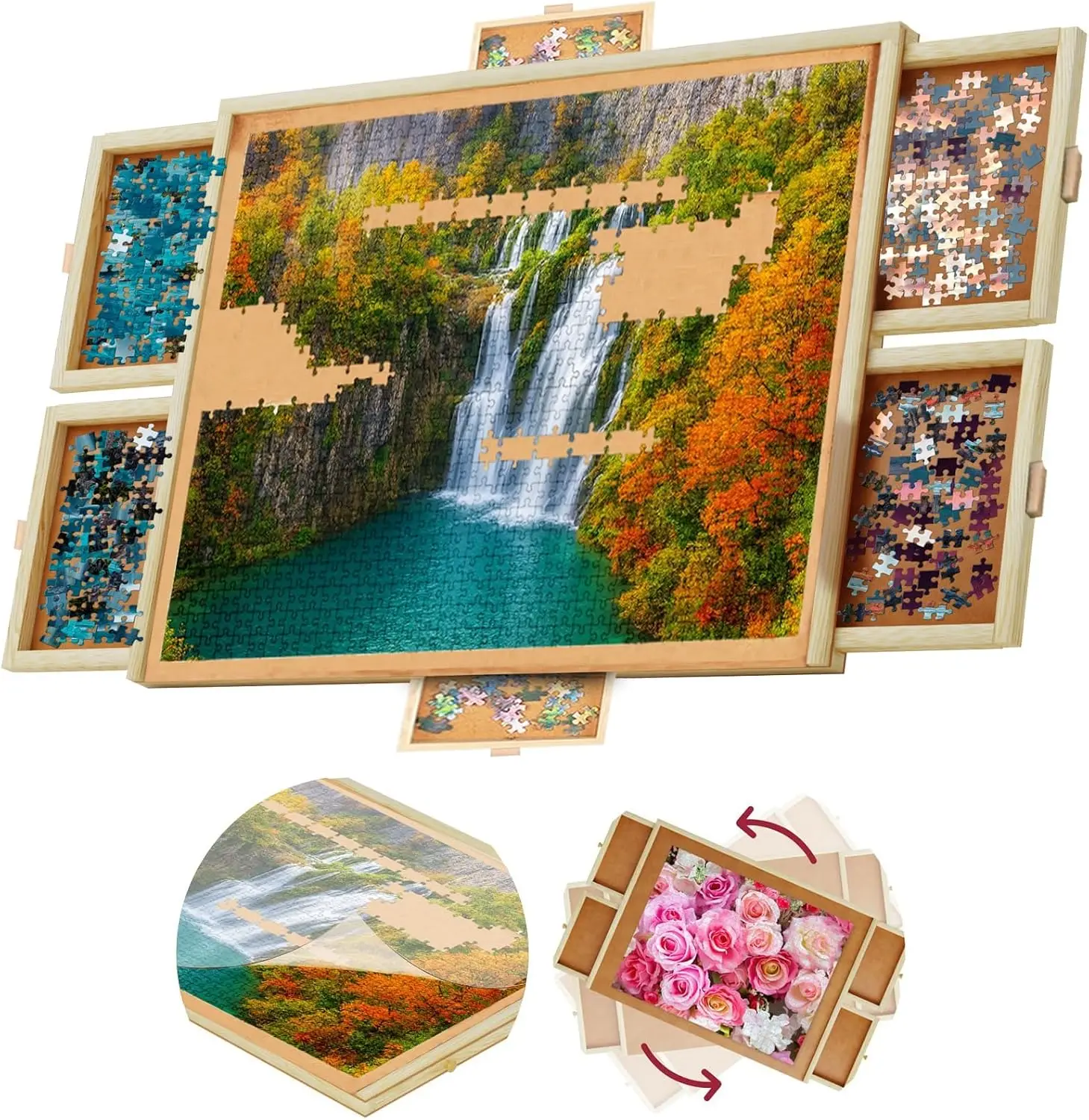 1500 Piece Wooden Jigsaw Puzzle Board, 6 Drawers, Rotating Puzzle Table, 35