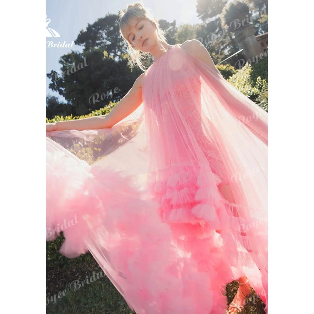Dreamy Princess Halter Neck Tulle Prom Dress High Low Ruffled Evening Dress Tiered Flowy Women's formal evening gowns Customized