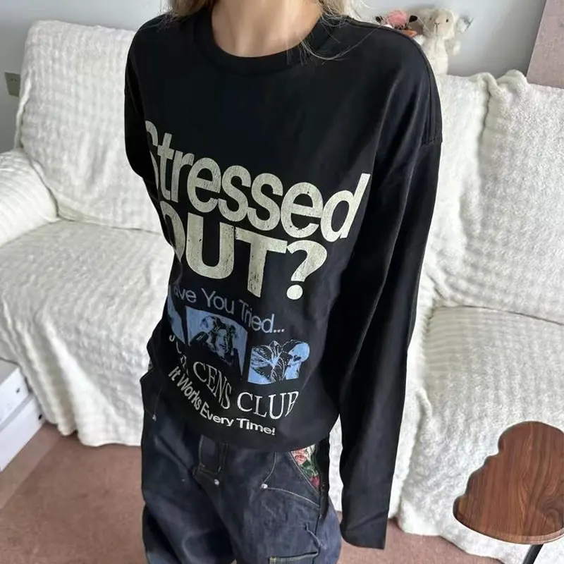 

High Street Letter American Printed Pullovers Spring Autumn New Long Sleeve Female Clothing Loose Vintage Casual O-Neck T-shirts