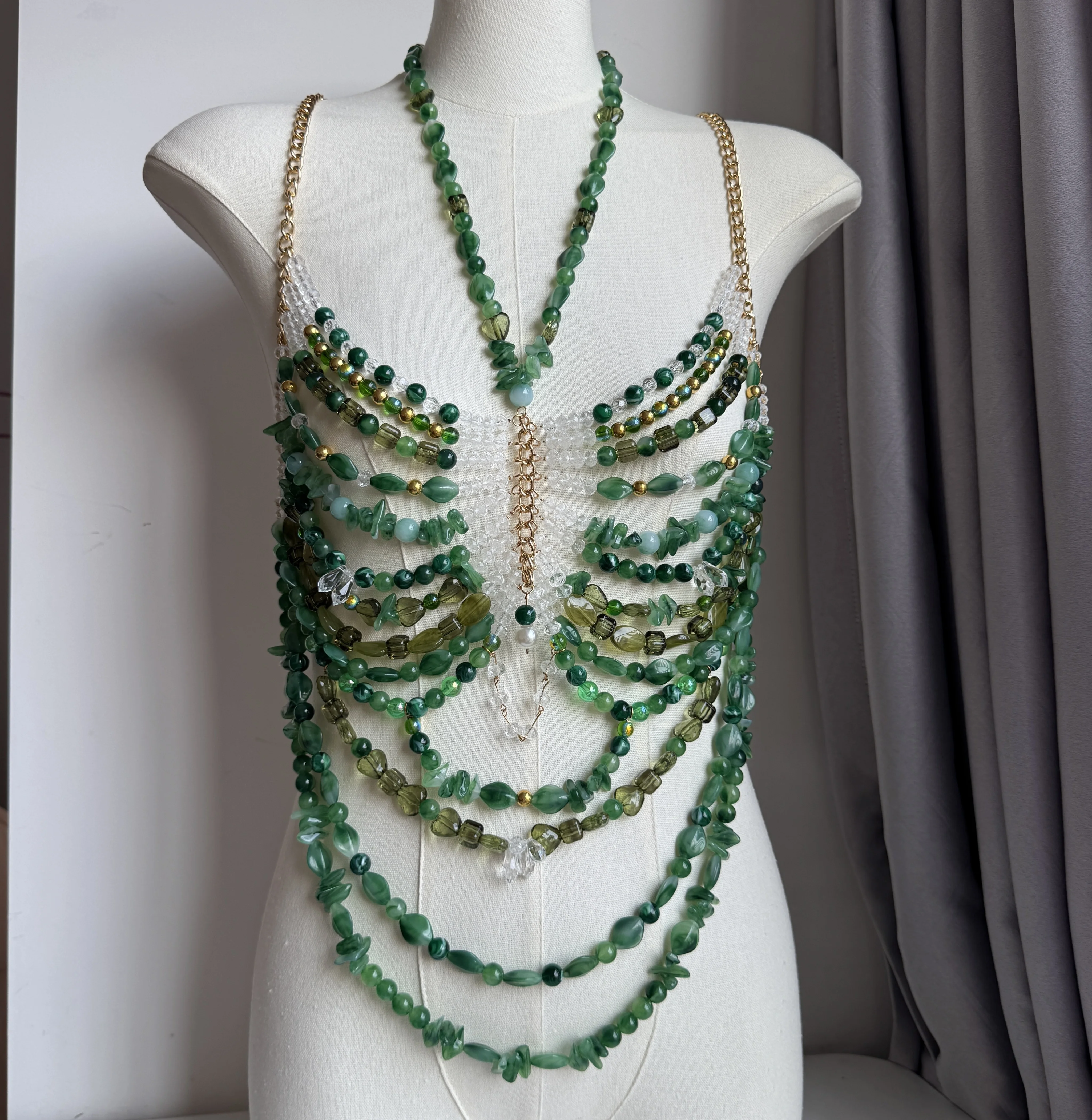 

Handmade Crystal Bra Halter Green Beaded Layered Lingerie Harness Bralette Beaded Women Vest Neck Wedding Bridal Beachwear