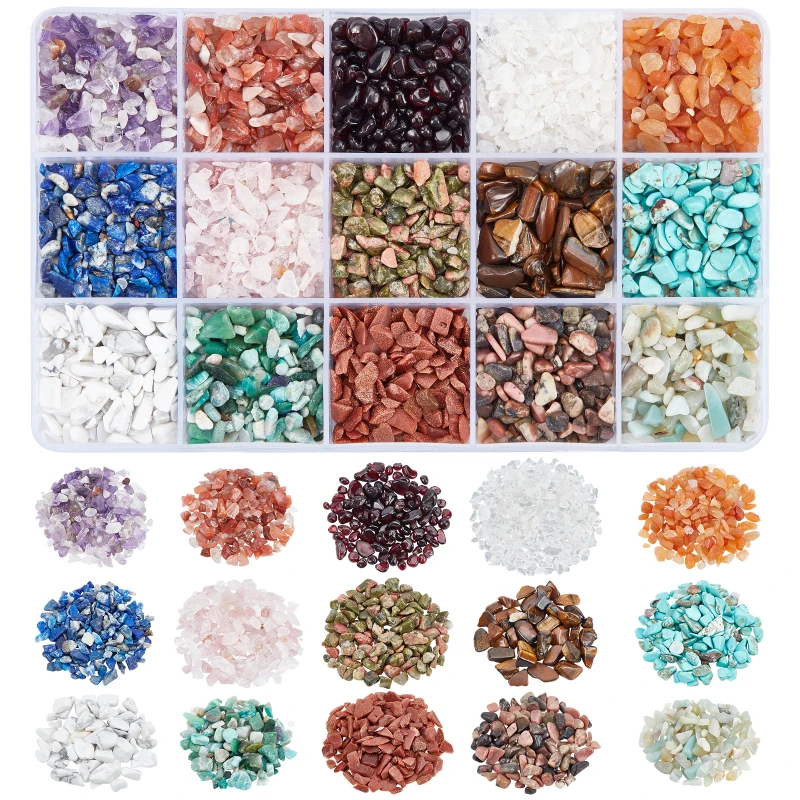 3450 Pcs Natural Chip Gemstone Beads Undrilled 15 Styles No Hole Crystals Polishing Crushed Beads Irregular Shaped Loose 2~8mm