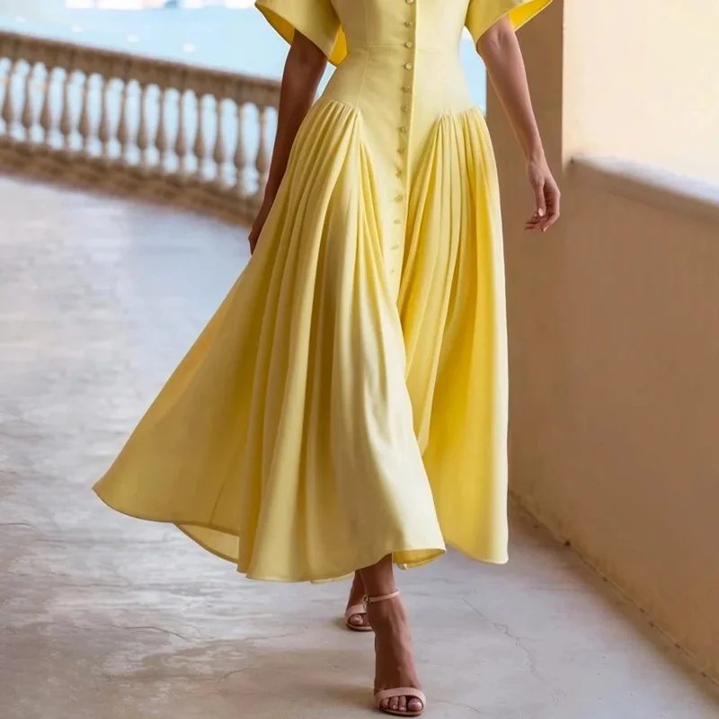 فساتين حفلات صفراء أنيقة ذات ياقة طية صدر السترة فساتين متوسطة الطول موضة فضفاضة بأزرار مطوي بلون سادة فستان قميص نسائي غير رسمي