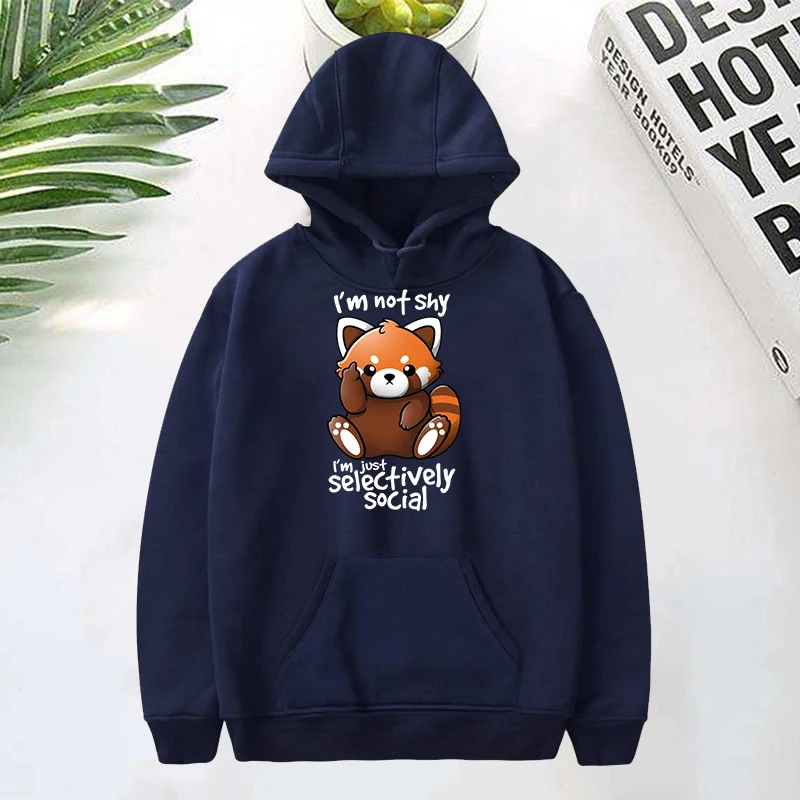 (Premium Hoodies)Panda I'M Not Shy I'M Just Selectively Social Printed Hoodies Women Fleece Long Sleeves Funny Pullover