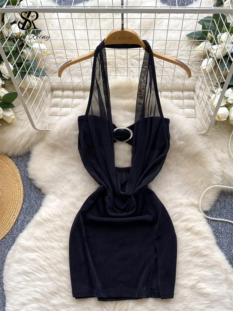 Abito da donna sexy con scollo all'americana trasparente senza schienale Abito tubino trasparente alla moda Abito corto diviso sensuale con fiocco estivo