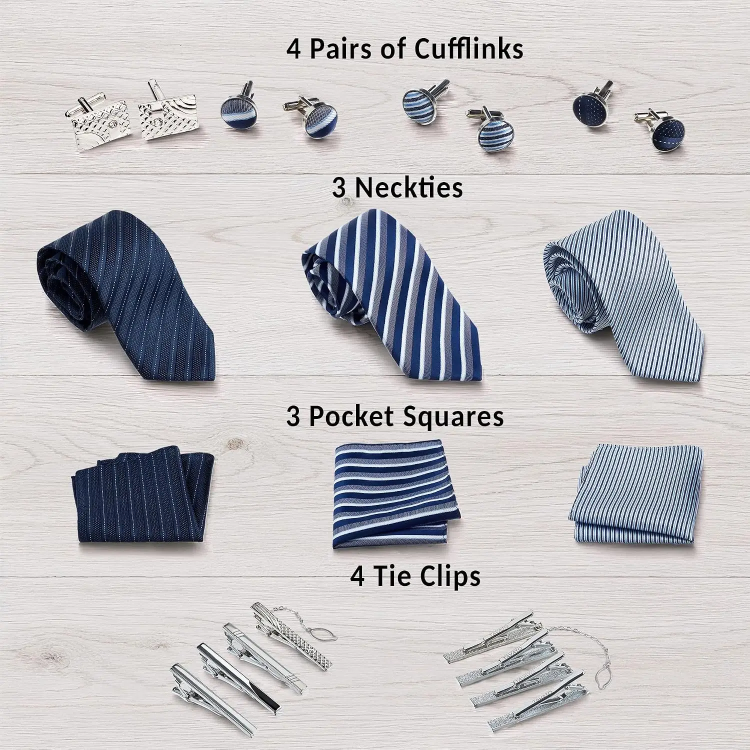 Premium Men’s Gift Tie Set Silky Necktie Pocket Squares Tie Clips Cufflinks For Men