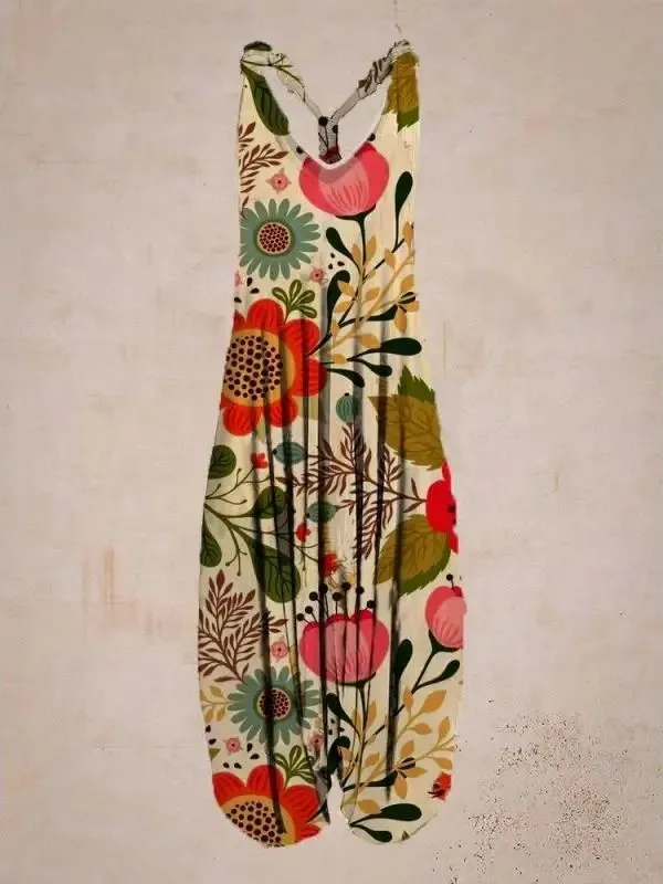Printed Jumpsuit with Shoulder Straps Wide Leg Casual Straight Leg Polyester Fiber Loose Fit Ladies Pant for Daily Wear