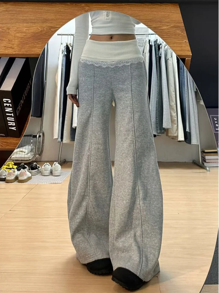 HOUZHOU Gray Lace Patchwork Women Pants Wide Leg Korean Fashion Sweatpants Solid Color Straight Trousers Baggy Basic Casual
