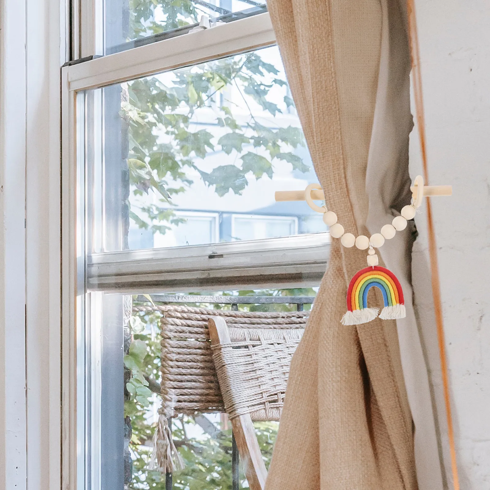 1Set Rainbow Tassel Bead Curtain Tiebacks Wooden Beads Rustic Decorative Curtain Holdbacks Bohemian Drapery Pullbacks for Living