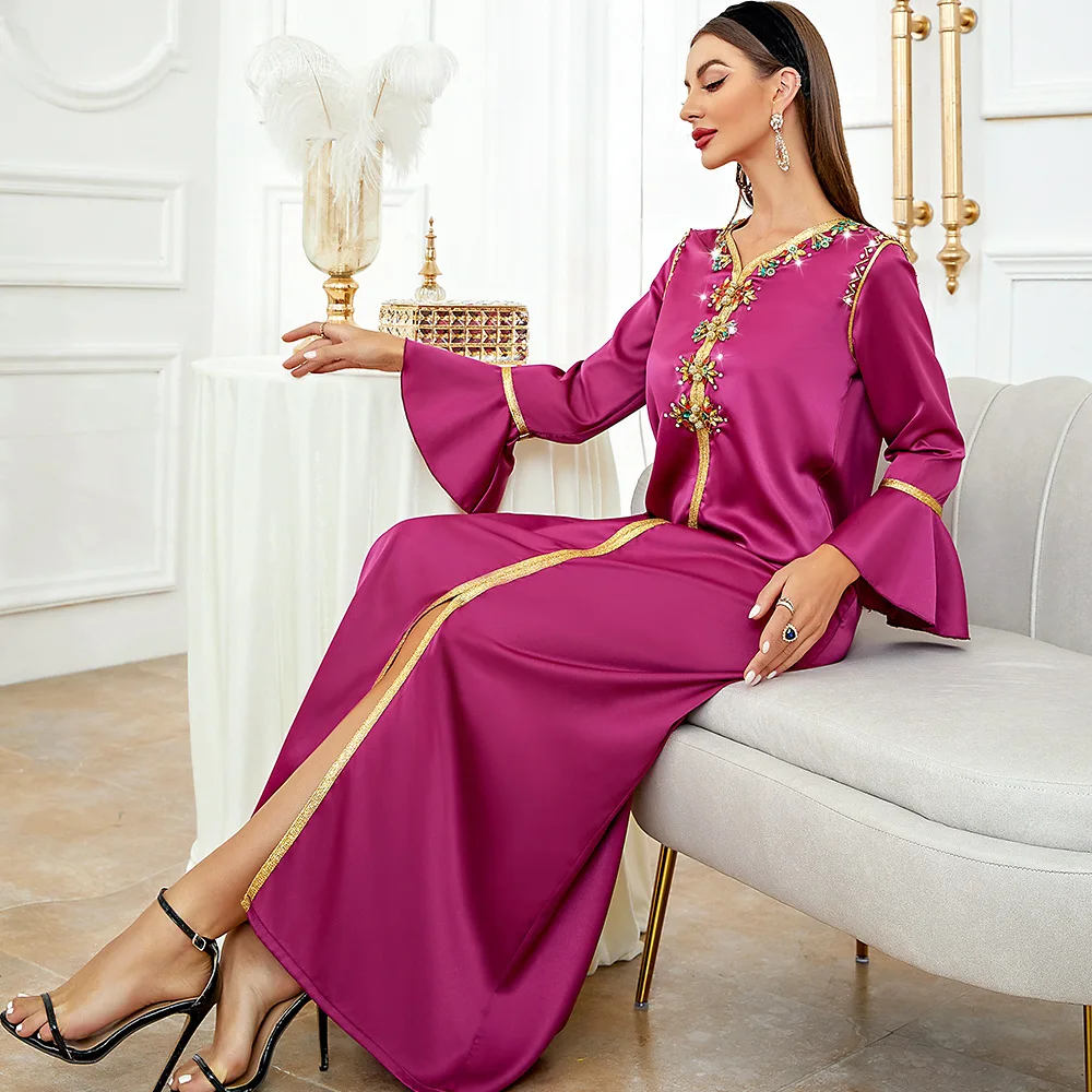 

Satin Diamonds Abaya Women Dubai Evening Party Dress Muslim Ramadan Eid Jalabiya Flare Sleeve Kaftan Islam Clothing Caftan Robe