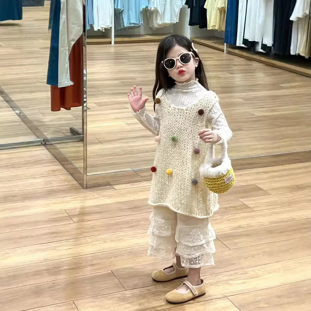 Girls' Autumn Clothes Are Sweet and Cute Colored Hairballs Are Stacked on A Tank Top Skirt Lace and Lace Wide-leg Pants.