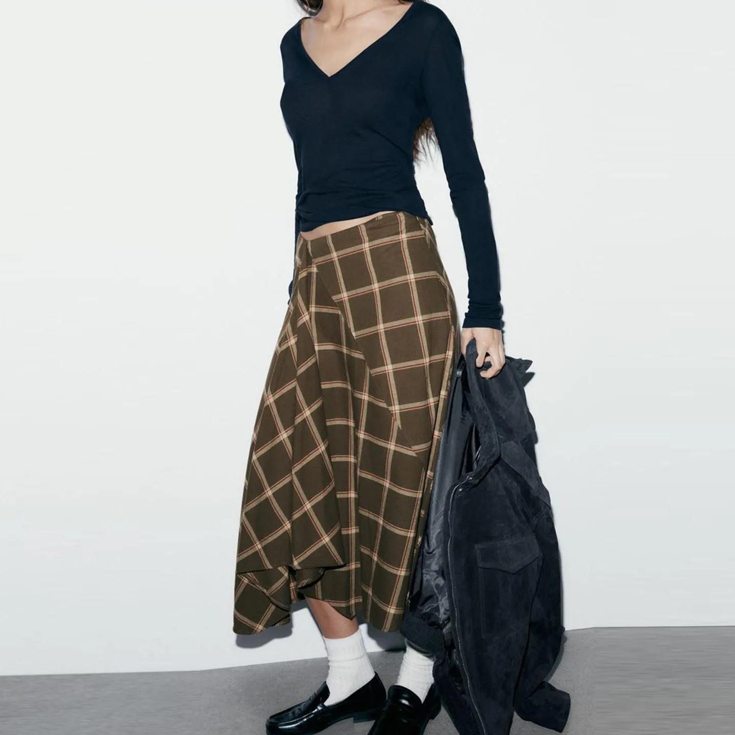 Low Waist Midi Skirt Women's Faion Decorative Plaid Layered Design Winter 2025 New Arrival A-Line ape Office Chic