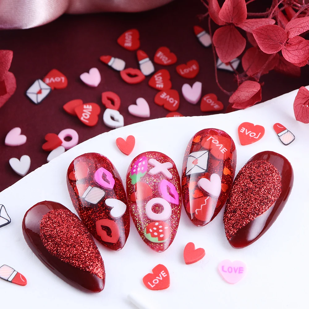 أحمر الشفاه الحب قلوب مسمار الفن اكسسوارات عيد الحب مسمار السحر الفراولة أحمر الشفاه المغلف مانيكير الديكور لينة الطين #3