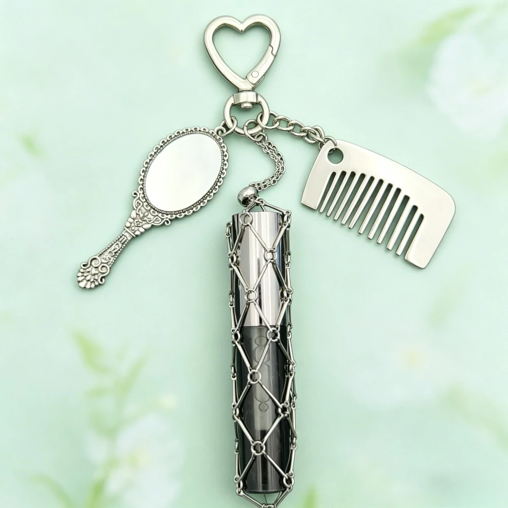 Vintage Metal Mesh Lipstick Bag Keychain Portable Net Pocket Pendant with Mirror Mini Comb Key Ring Multi-functional Gift Woman