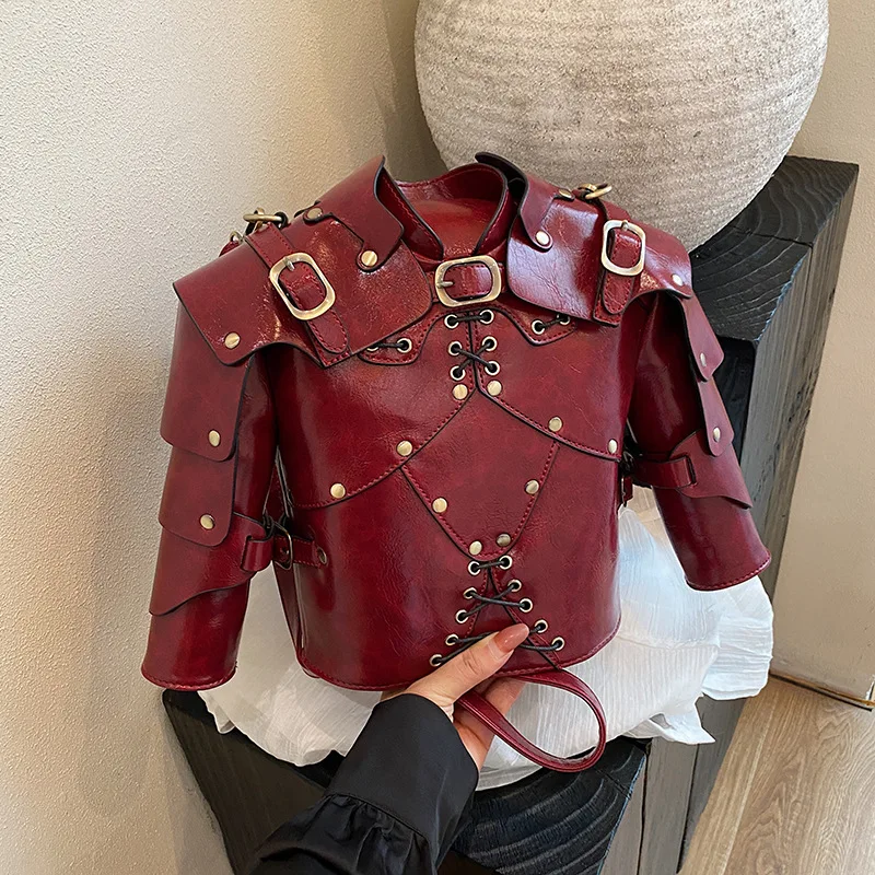 

European Brand Design Tactical Motorcycle Bags Women Clothing Shoulder Rivet Zipper Jacket Bag Black Leather Messenger Handbag