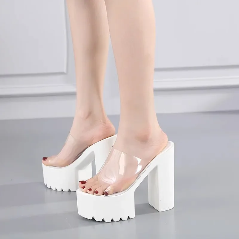 Super High Heel Sandals Female Sandals Fish Mouth Wear 2024 Thick Heel Thick Sole 16CM Black and White Dressing Room Flip-flops