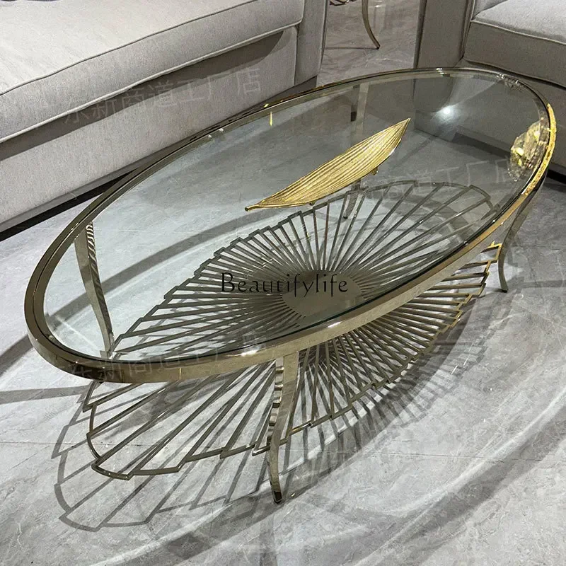 

ls 04American light luxury oval stainless steel glass coffee table villa living room balcony simple coffee table