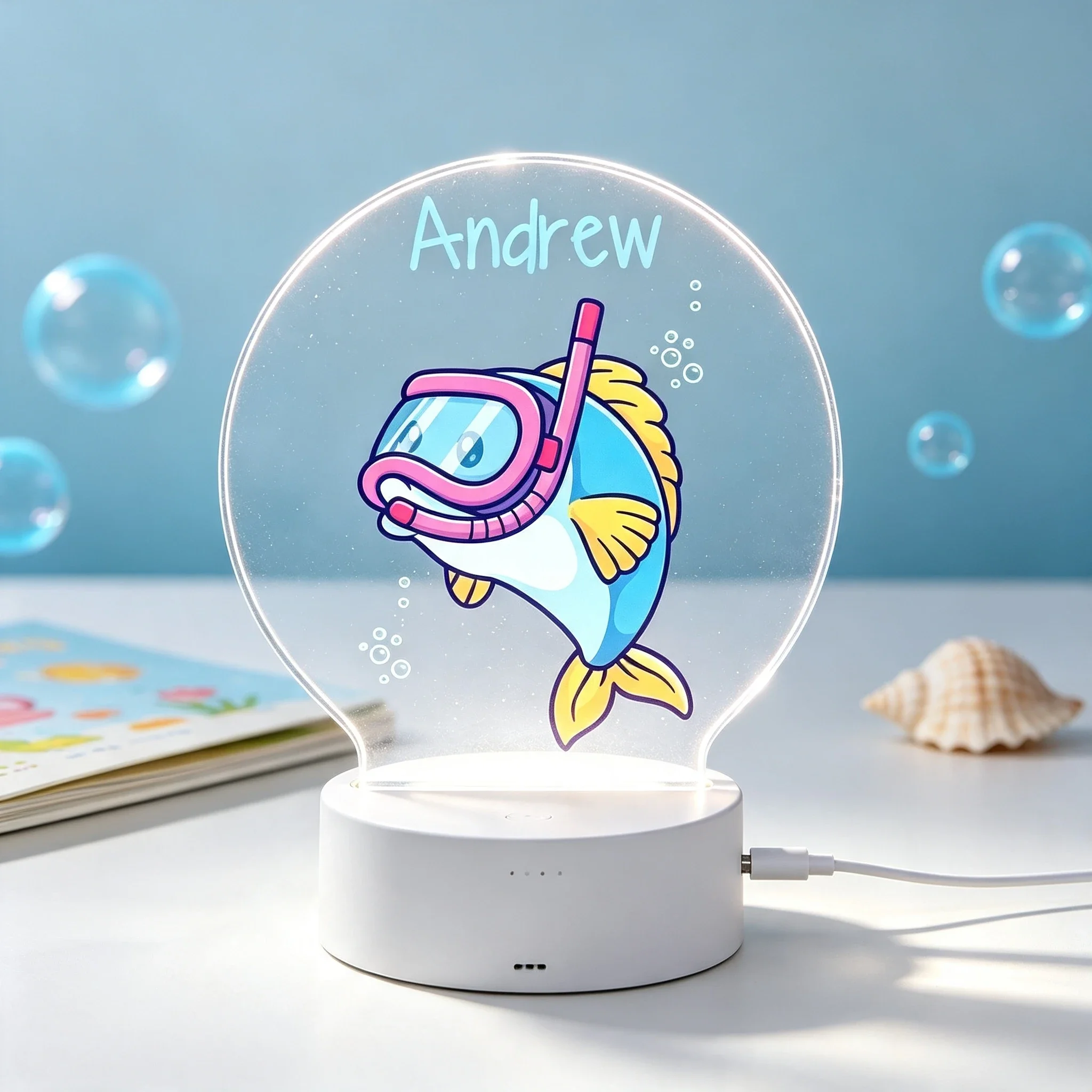Cute Underwater Snorkel Fish Custom Name Acrylic Nightlight Bedside Lamp,Personalized Name Cartoon Snorkeling Fish Round Acrylic LED Night Light