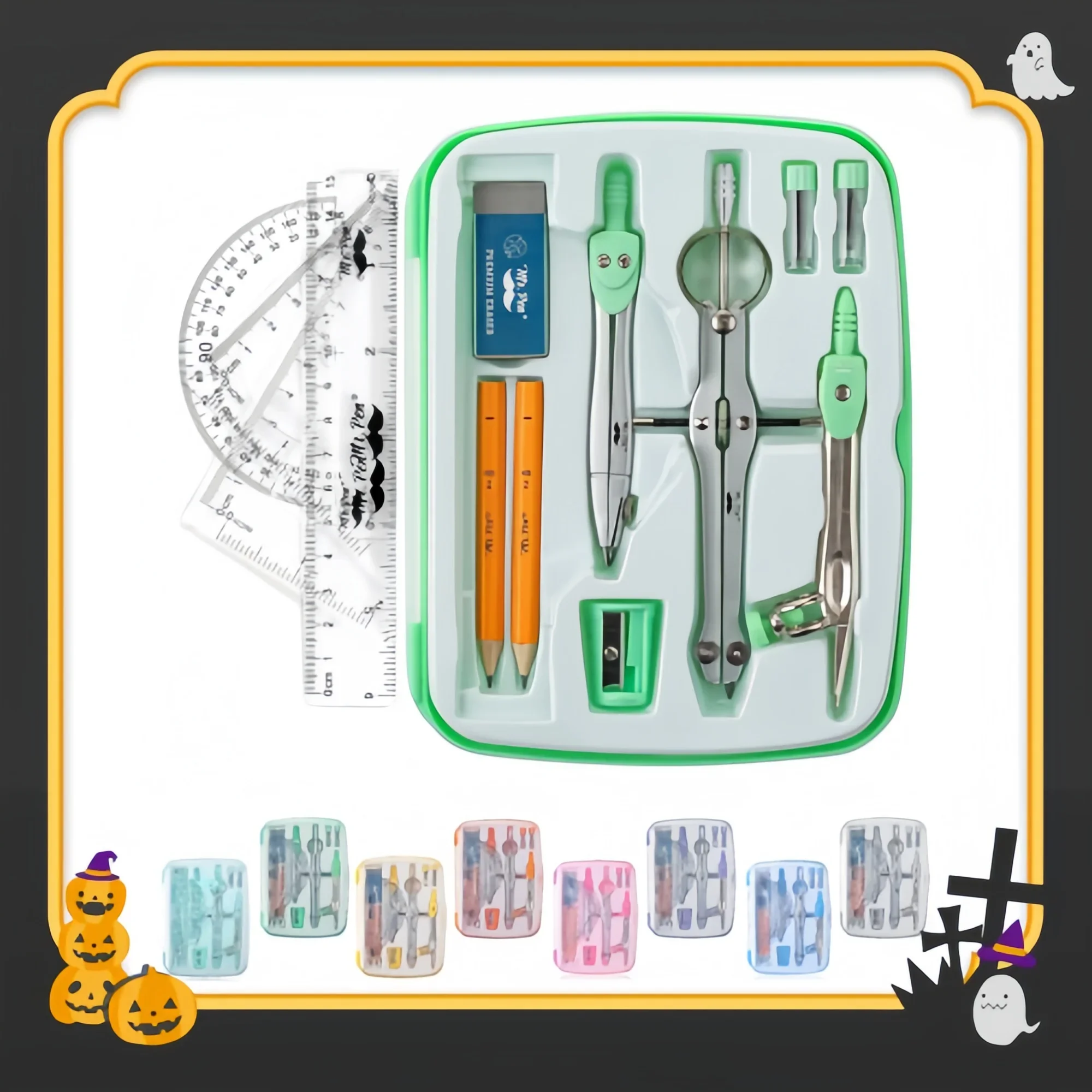 Conjunto de geometria verde menta de 13 peças |   com caixa de armazenamento inquebrável e bússola para estudantes, uso escolar e em sala de aula
