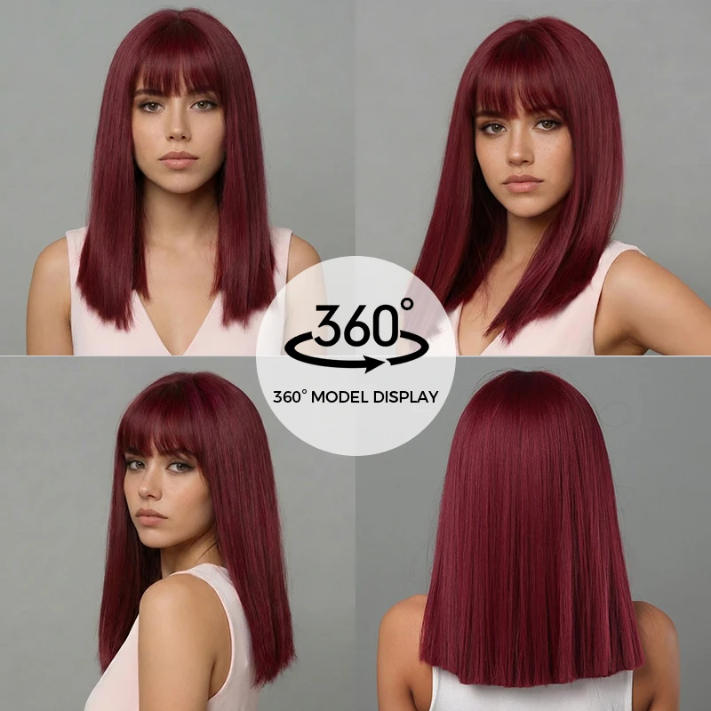 Peruca Sintética Longa Ondulada Borgonha Vinho Colorida para Cosplay Lolita com Franja para Mulheres Cabelo Afro Natural Resistente ao Calor