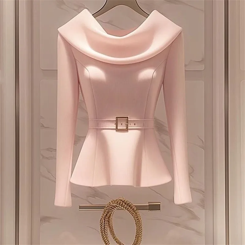 Limiguyue Small Fragrance Elegant Pile Collar Blouse Women High End Pink Shirt Autumn Belt Slim Pullover Tops Office Lady 692P