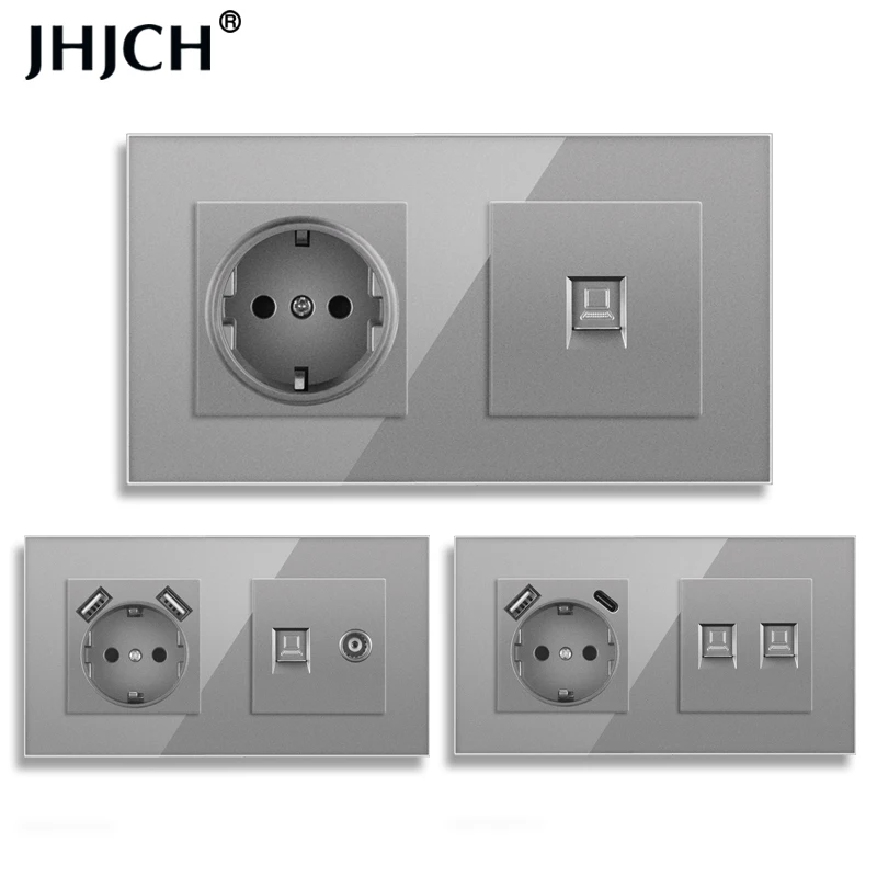 Jhjch EU standard wall socket + TV phone, gray tempered glass rj45 cat6 wall socket computer Internet 157*86mm