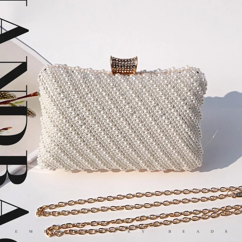 

Vintage Pearl Evening Bag Socialite Cream Pillow Wedding Handbag Luxury Double Side Beading Embroidery Bridal Clutch Purse