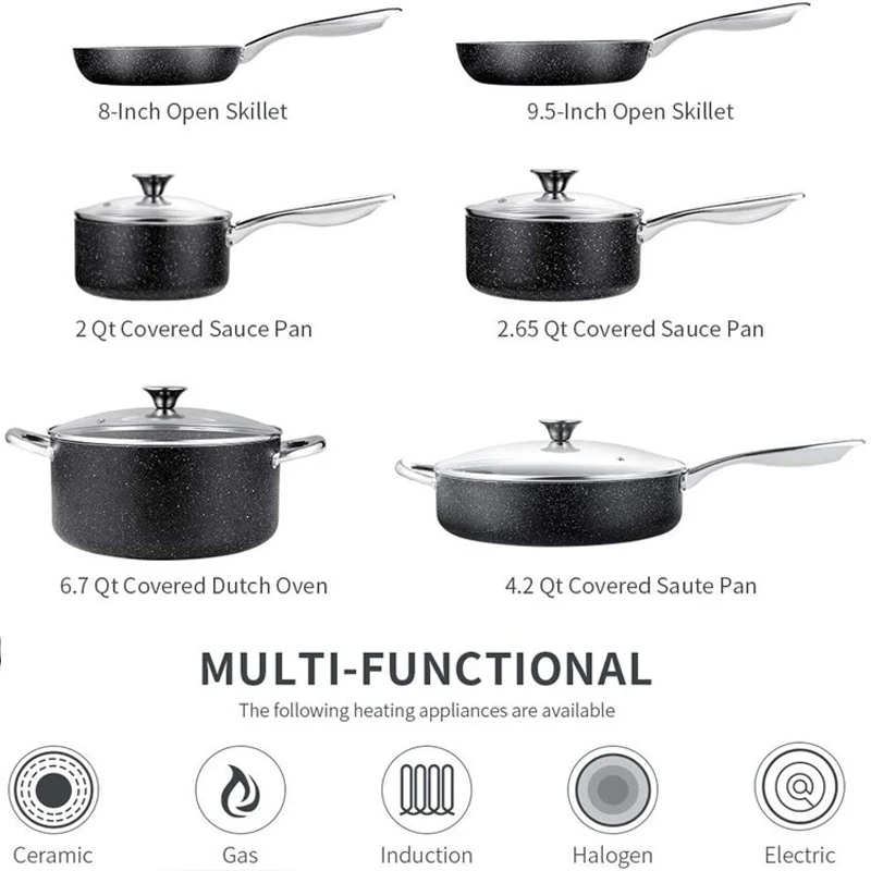 10pcs Nonstick Cookware Set Nonstick frying pans Stainless Steel Handle Grey Granite Cookware Pot Pan Set