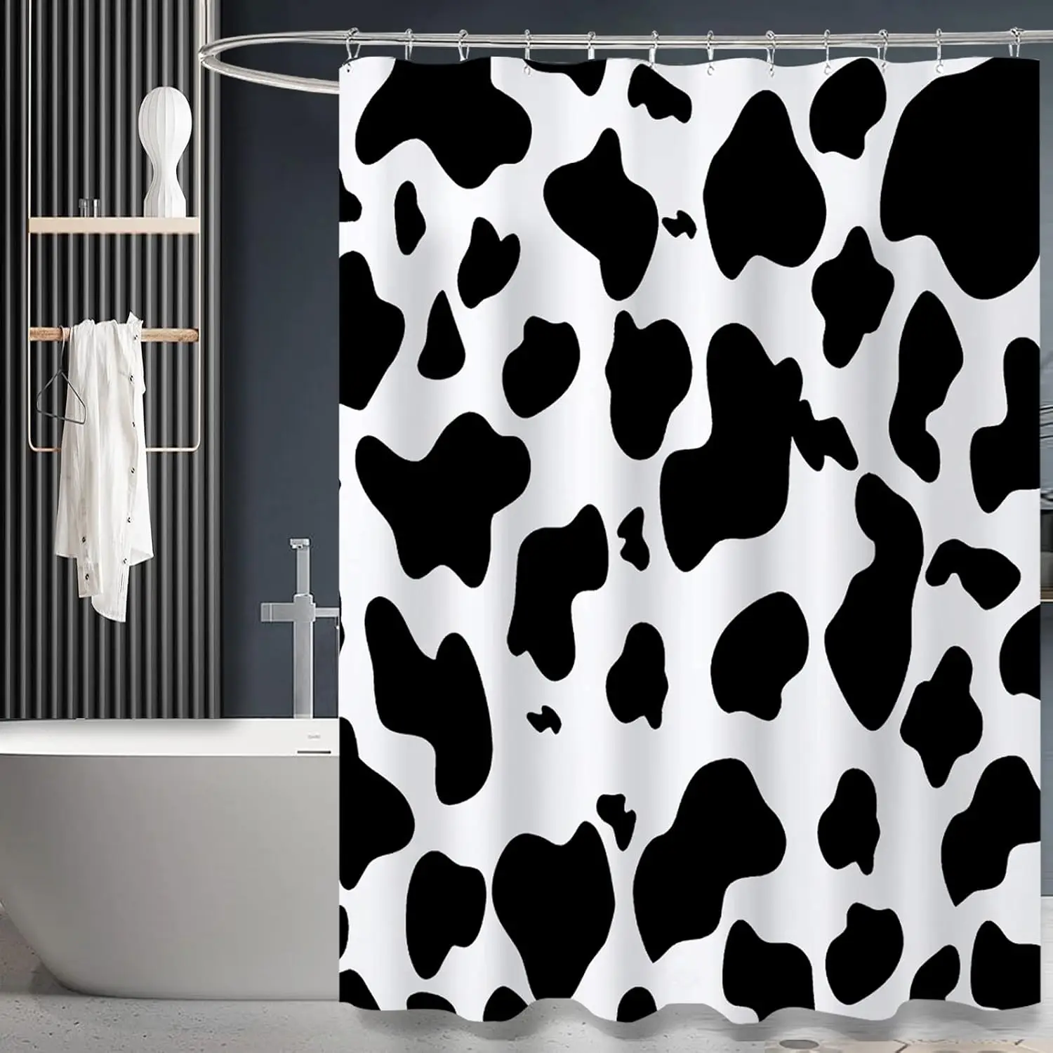 Cow Print Shower Curtain, Black & White Animal Design, Polyester Fabric with Hooks