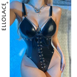 Ellolace Fetish Latex Bodysuit Lace Up Gothic Black Body Silicone Bodycon Tops Chain Night Club Outfit Leather Pvc Bodies