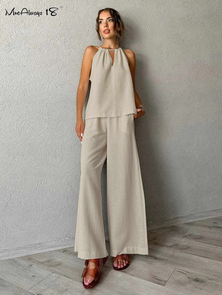 

Mnealways18 Elegant Cotton Linen Pants Sets Women Two Pieces Khaki Office Outfits Summer 2024 Sleeveless Tops Pleated Pants Suit