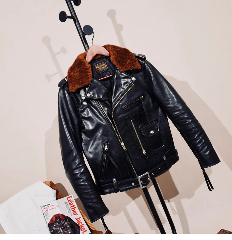 Full Vegetable Tanned & Dyed Horsehide Leather Jacket Men J24 Oblique Zip Moto Biker Short Coat American Retro Outerwear