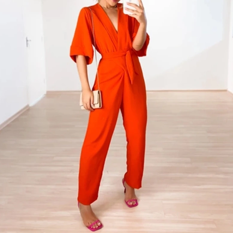Women's Casual Jumpsuit Summer Elegant Sweet Solid Color Loose V-neck Flared Short Sleeved Tie Details Straight Pants Jumpsuit