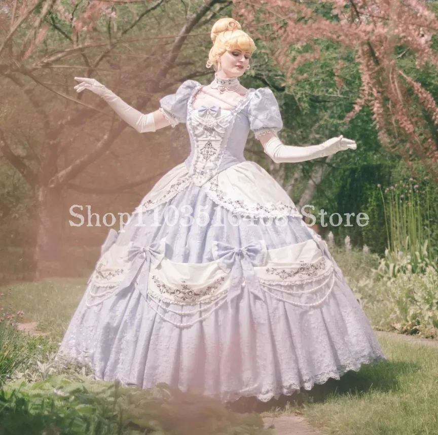 Fairytale Cinderella Prom Ball Gown Blue Square Neck with Gloves Pom Pom Victorian Opera Halloween Cosplay فستان سهره