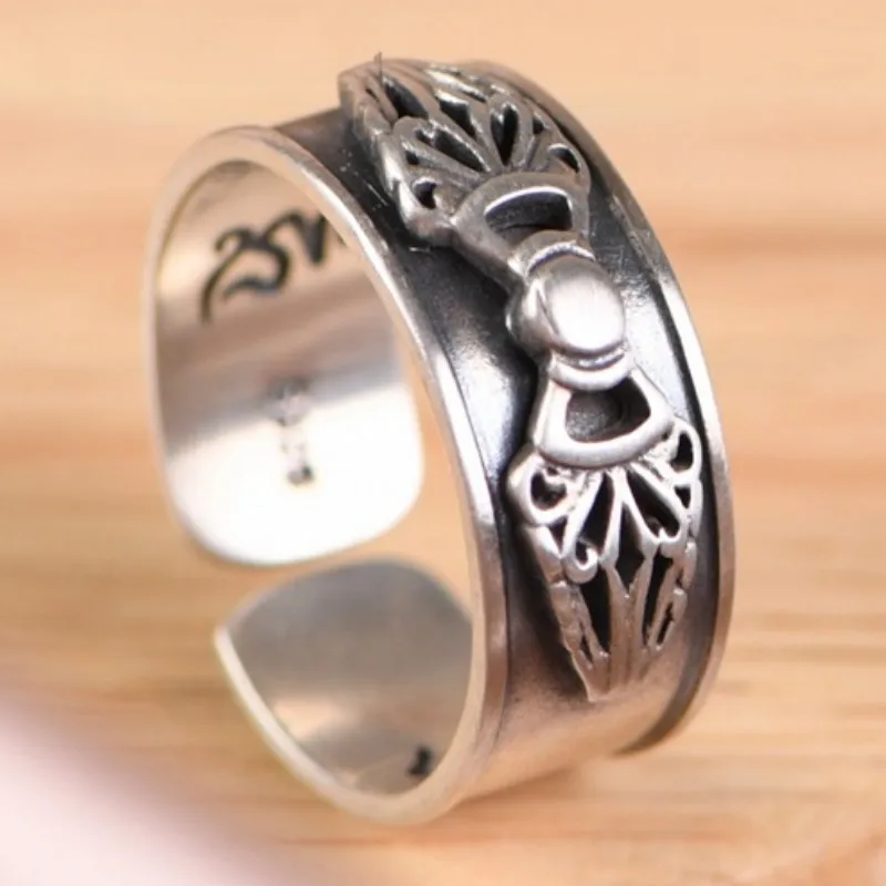 S925 Sterling Silver Rings for Men Women New Fashion Six Syllable Mantra Vajra Adjustable Solid Argentum Viking Jewelry