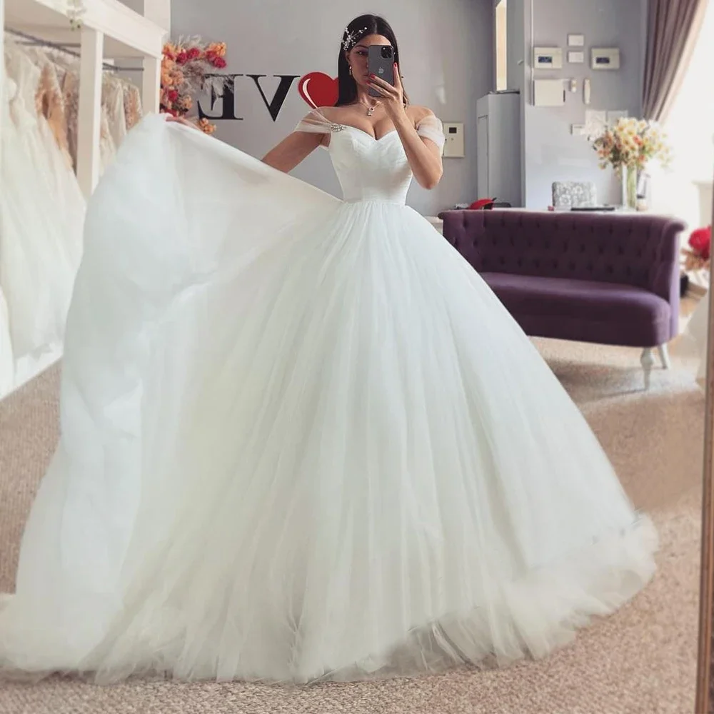 

New A Line Wedding Dresses For Woman Bridal Off Shoulder Lace Up Beaded Tulle Pleat Vestidos De Novia
