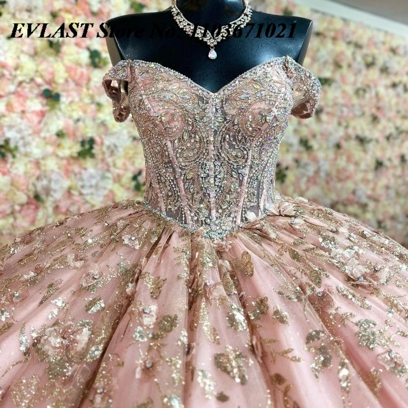 EVLAST Customized Pink Quinceanera Dress Ball Gown Gold Applique Beading Tiered Corset Sweet 16 Vestidos De XV 15 Anos SQ10