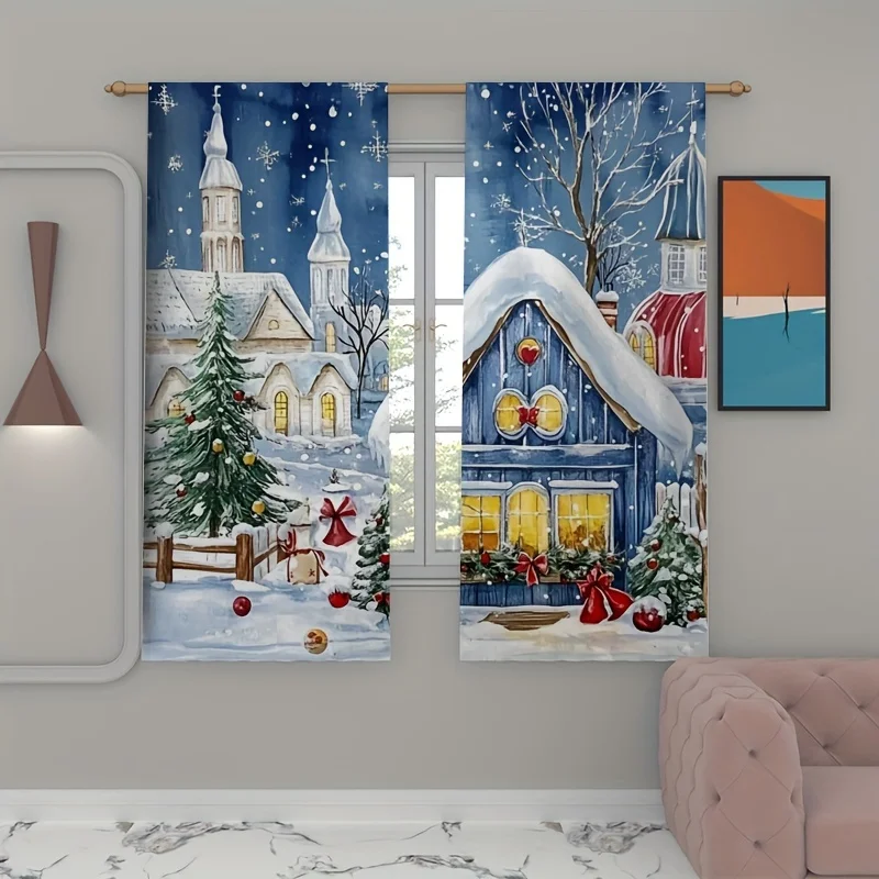 Festive Christmas Winter Scene Curtains Drapes Snowy Village Cottage European Style Polyester Window Drapery for Living Room Bed