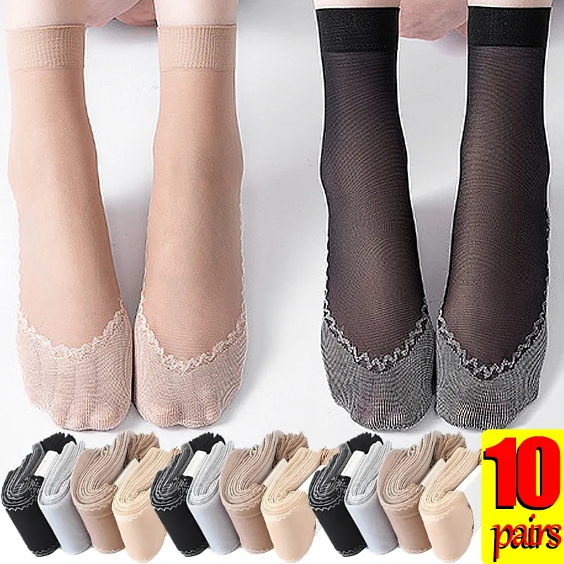 1/10Pairs Spring Summer Women Soft Socks Velvet Silk Stocking Non-Slip Bottom Splice Transparent Ladies Ultrathin Breathable Sox